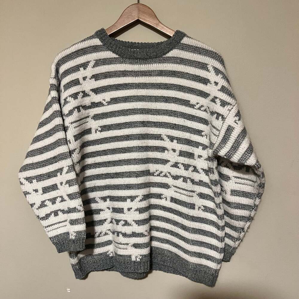 christopher A, grey striped sweater made in Taiwan.